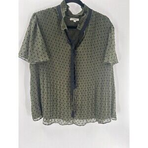 Women's Max Studio Flutter Sleeve Tie Neck Polka Dot Black Green Blouse Size 1X